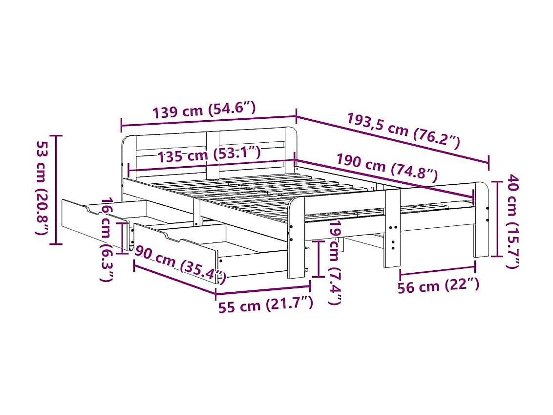 Bedframe zonder matras massief grenenhout wasbruin 135x190 cm