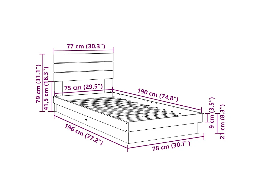 Bedframe hoofdeinde zonder matras 75x190 cm massief hout eiken