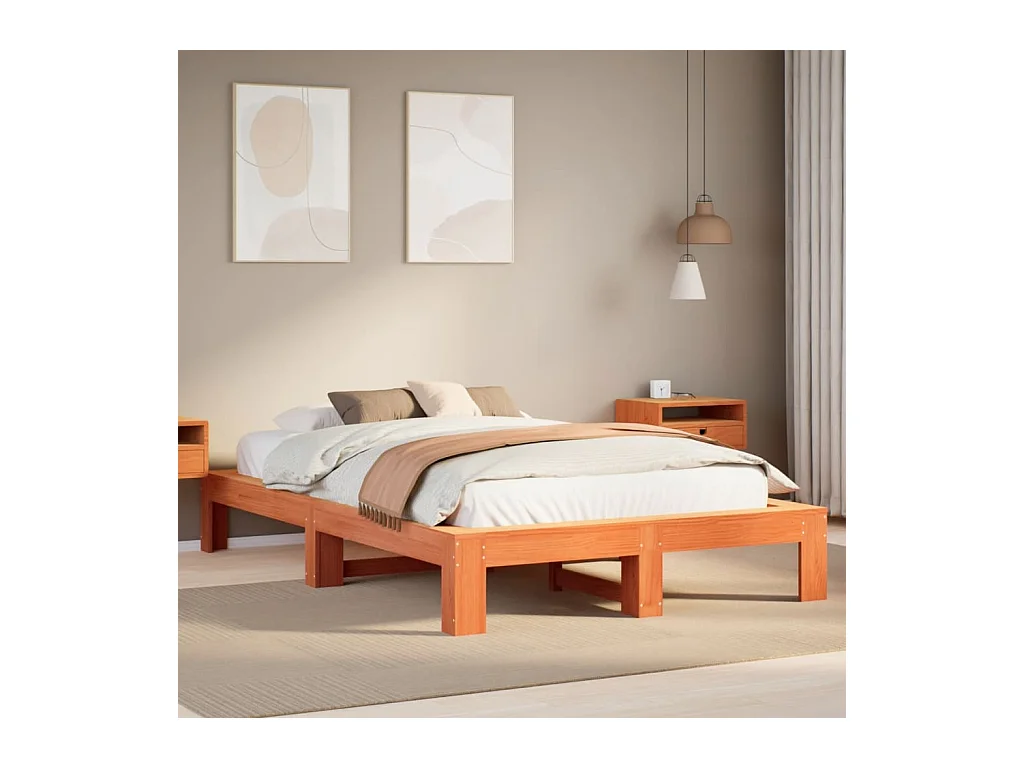 Cadre de lit sans matelas cire marron 135x190cm bois pin massif
