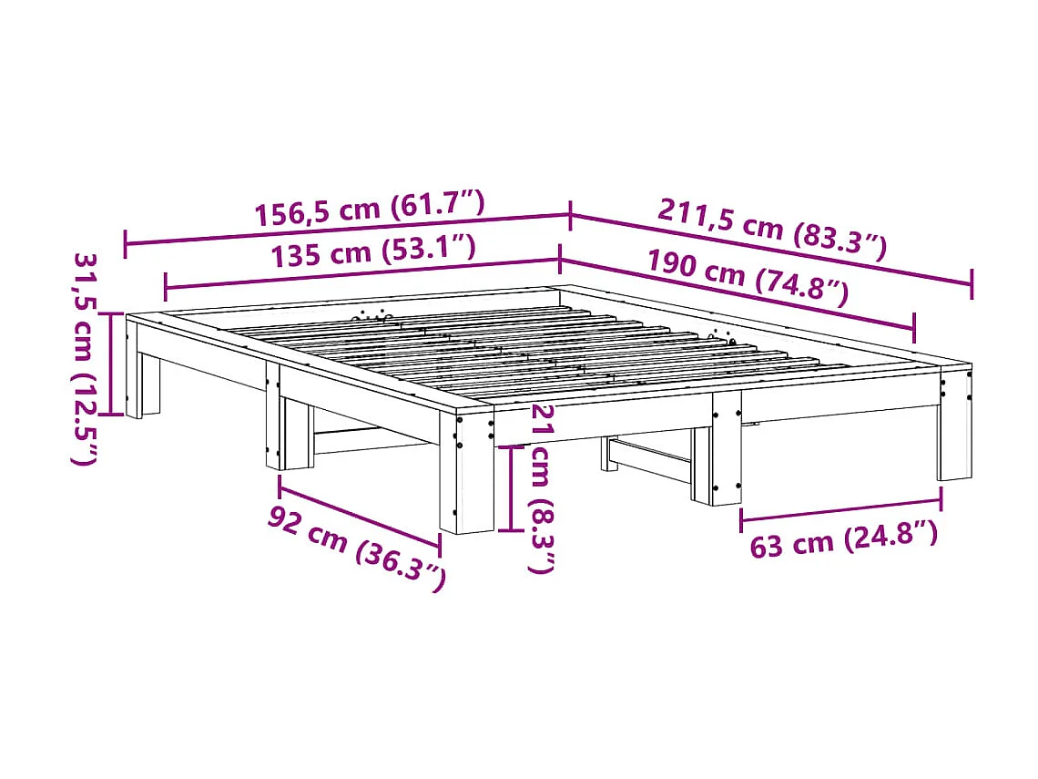 Bedframe zonder matras massief grenenhout wasbruin 135x190 cm