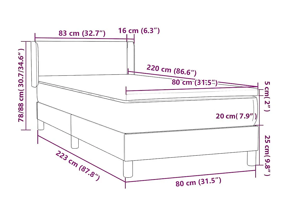Cama box spring con colchón terciopelo verde oscuro 80x220 cm