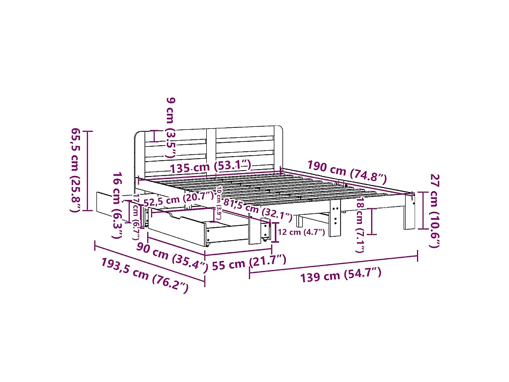 Cama sem colchão 135x190 cm madeira de pinho maciça