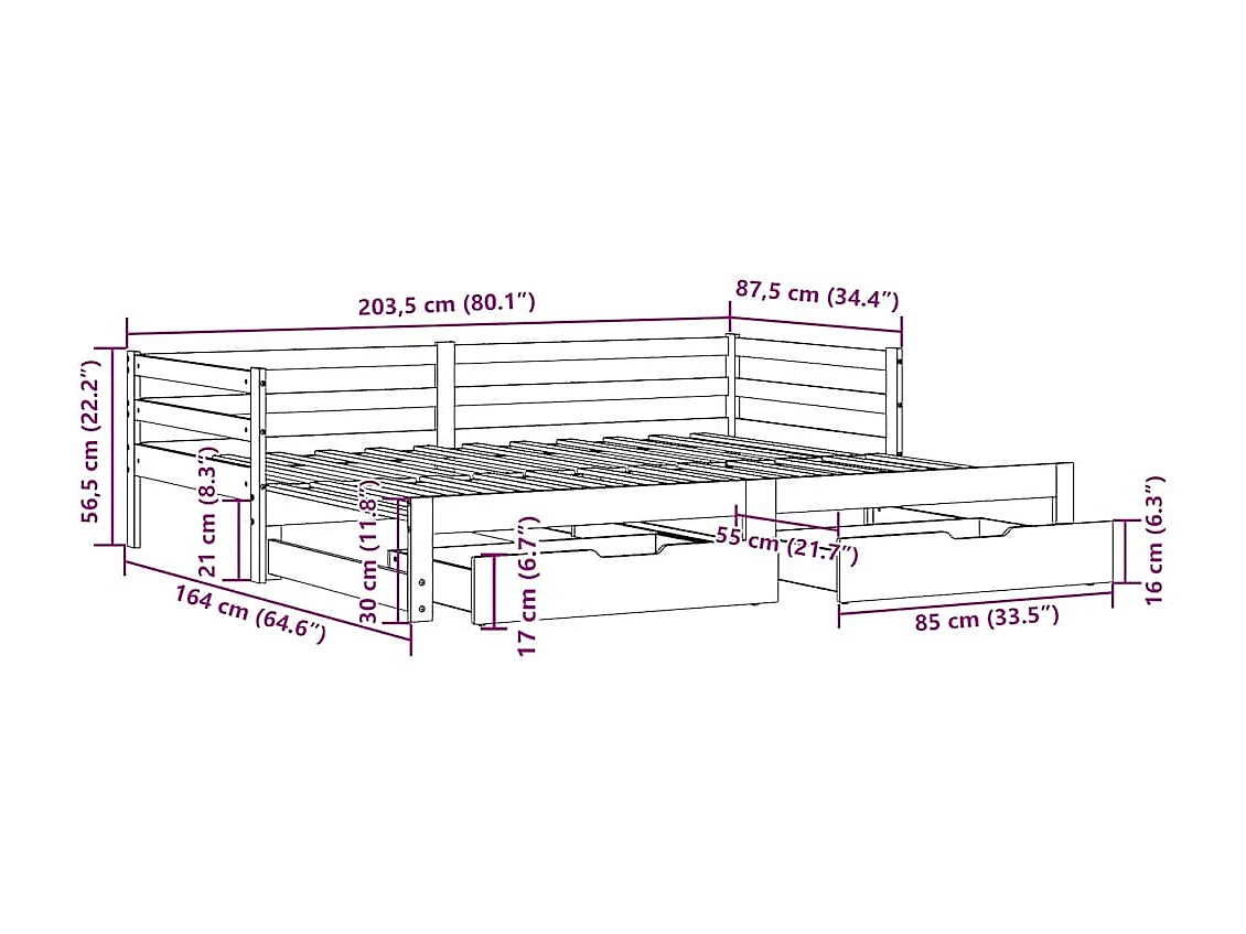 Tagesbett Ausziehbar mit Schubladen ohne Matratze 80x200 cm