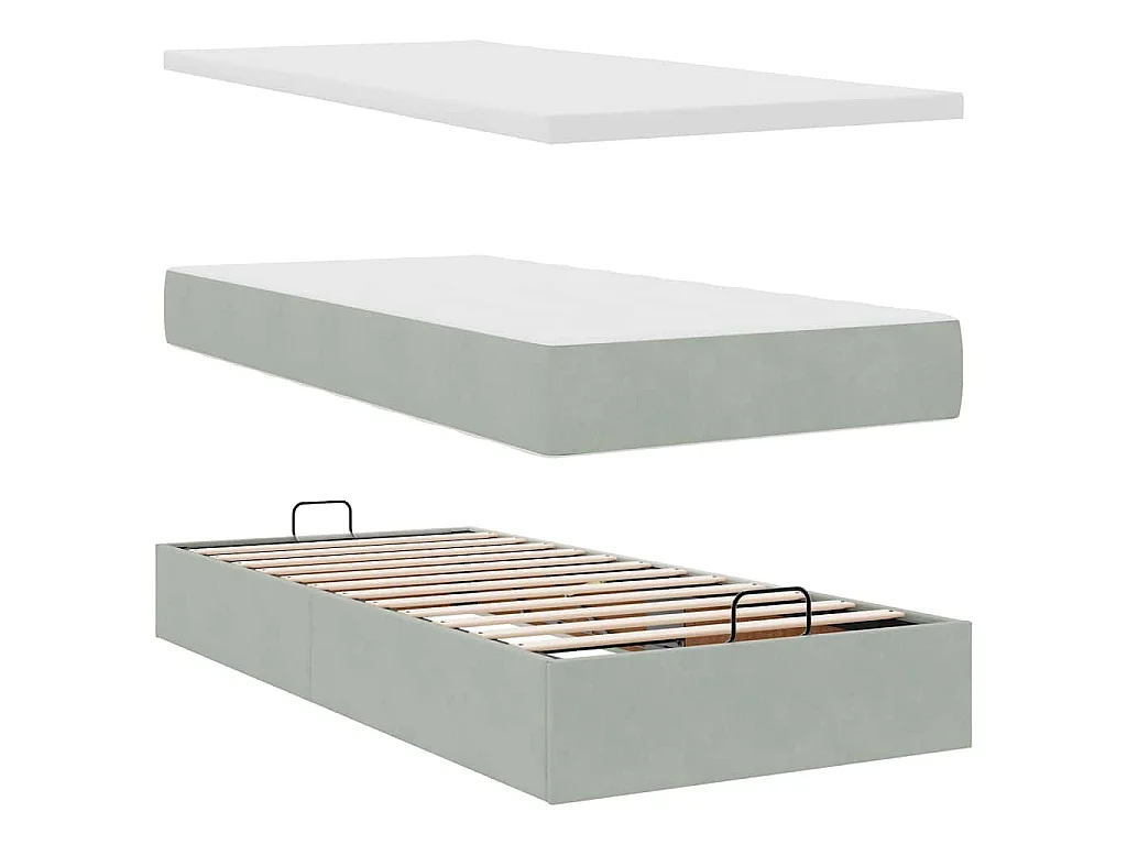 Estructura cama otomana colchón terciopelo gris claro 80x200cm