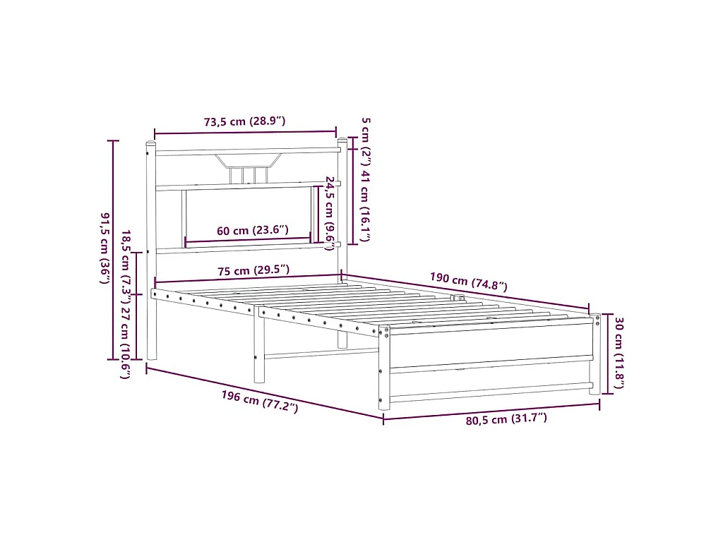 Cadre de lit sans matelas chêne marron 75x190cm bois ingénierie