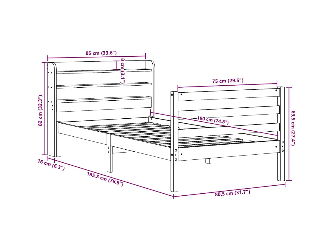 Cadre de lit avec tête de lit sans matelas blanc 75x190 cm
