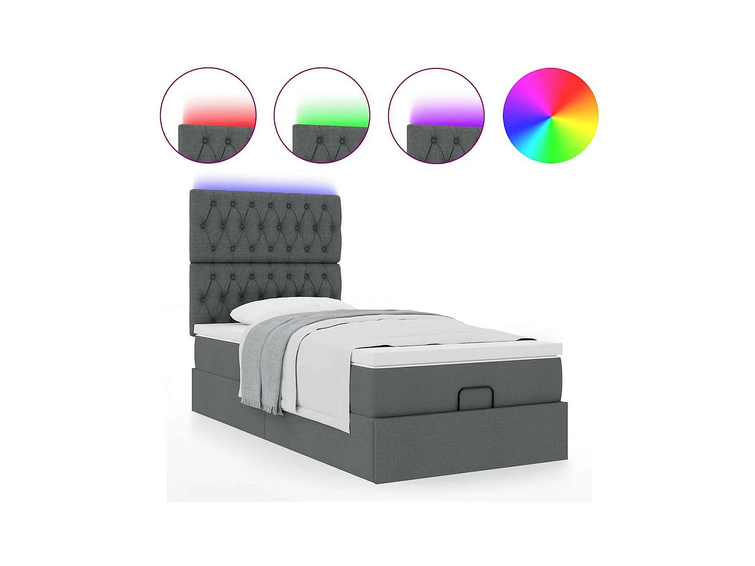 Lit ottoman avec matelas et LED Gris foncé 80x200cm tissu