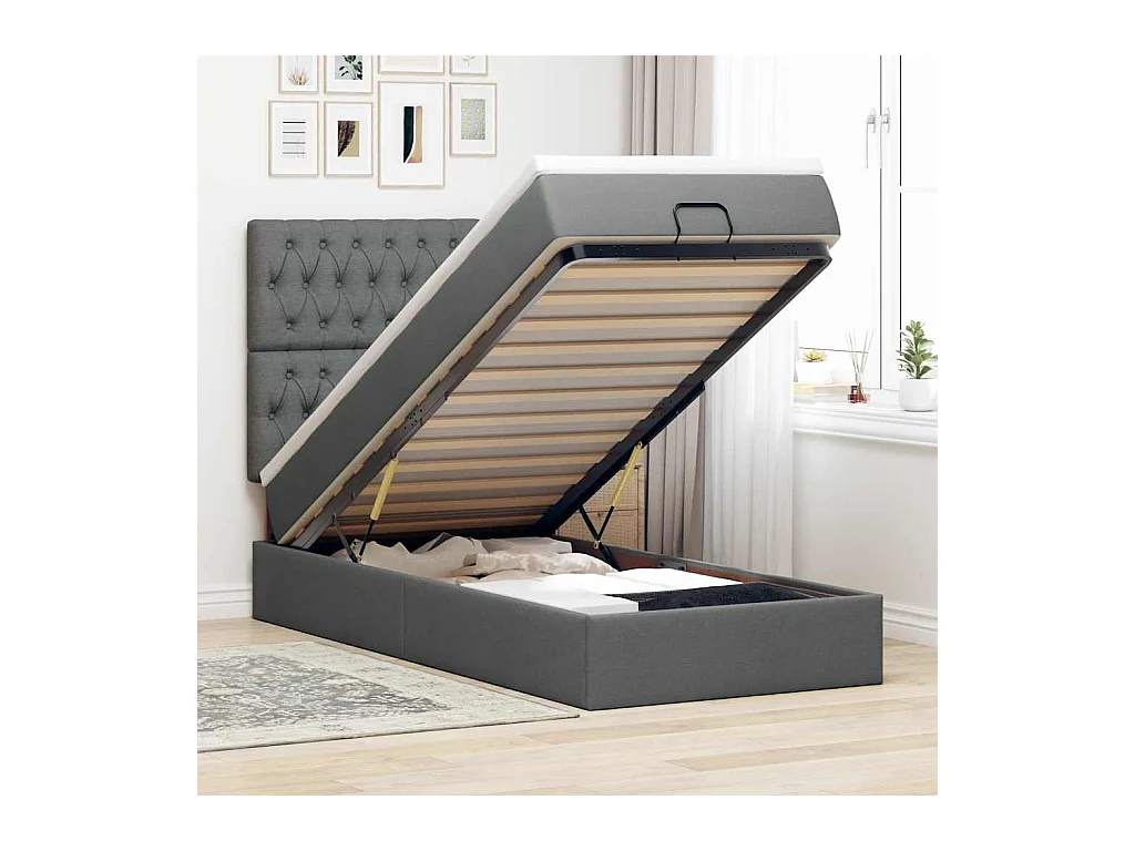 Lit ottoman avec matelas et LED Gris foncé 80x200cm tissu