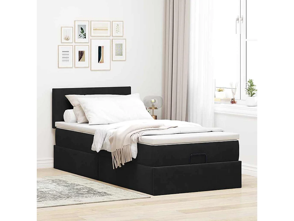 Cama otomana con colchón y luces LED terciopelo negro 80x200cm