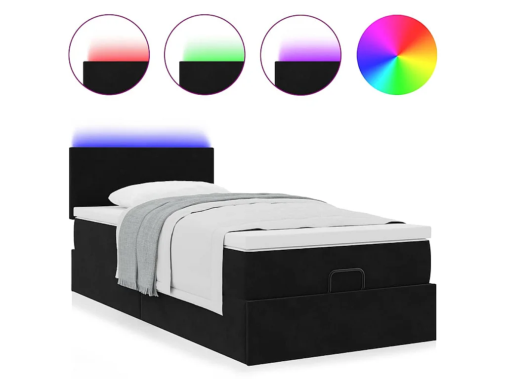 Cama otomana con colchón y luces LED terciopelo negro 80x200cm