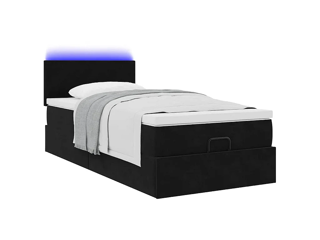 Cama otomana con colchón y luces LED terciopelo negro 80x200cm