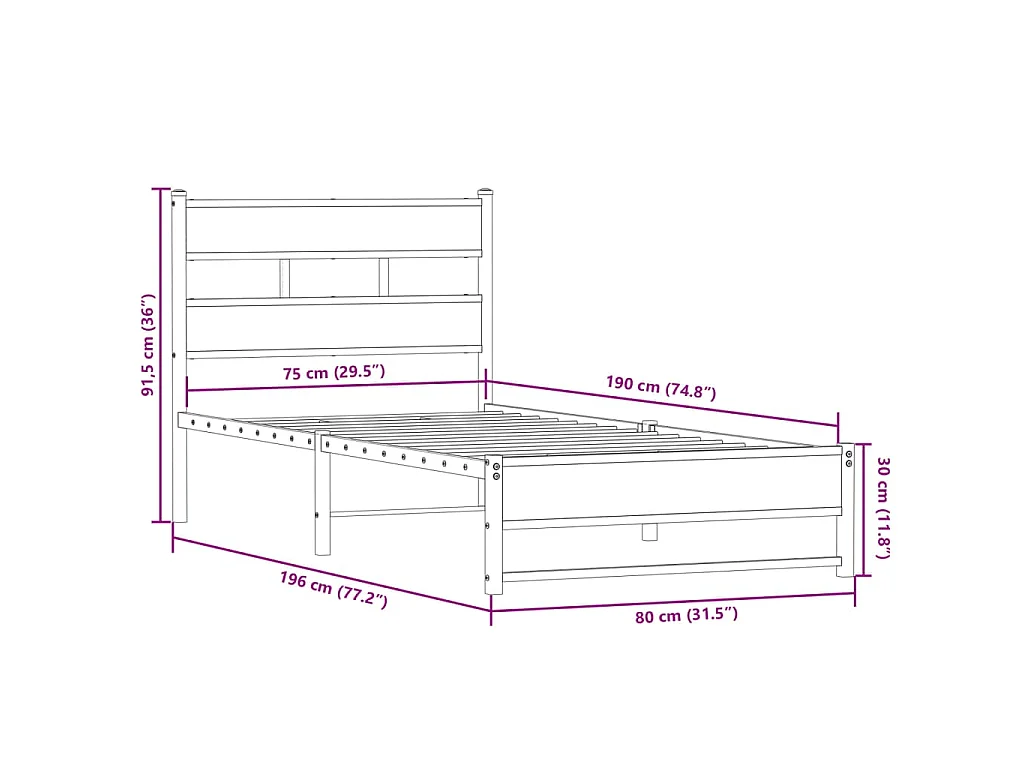Cadre de lit en métal sans matelas chêne fumé 75x190 cm