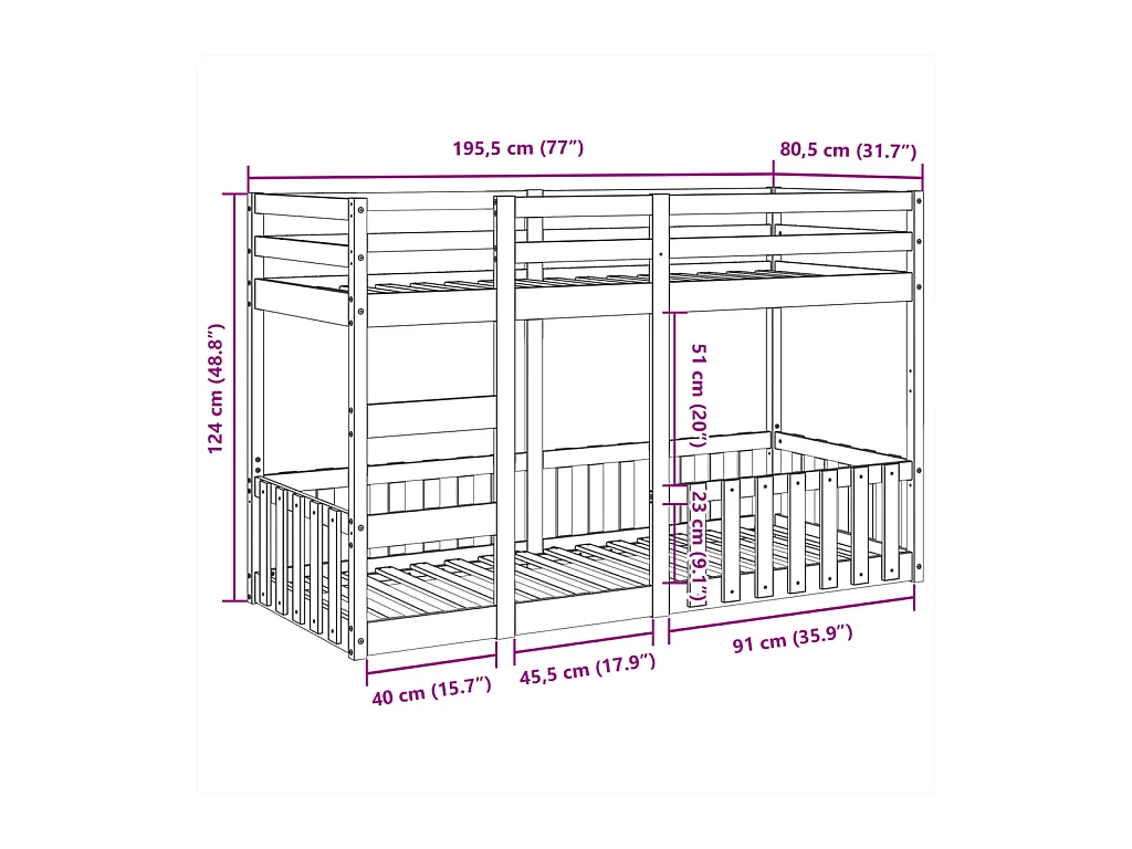 Letto a Castello 75x190 cm in Legno Massello di Pino