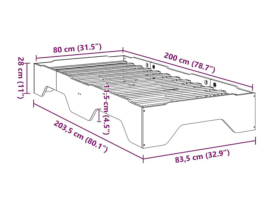 Bedframe zonder matras stapelbaar wasbruin 80x200 cm hout