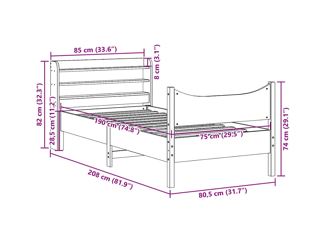 Bedframe met hoofdbord massief grenenhout wit 75x190 cm