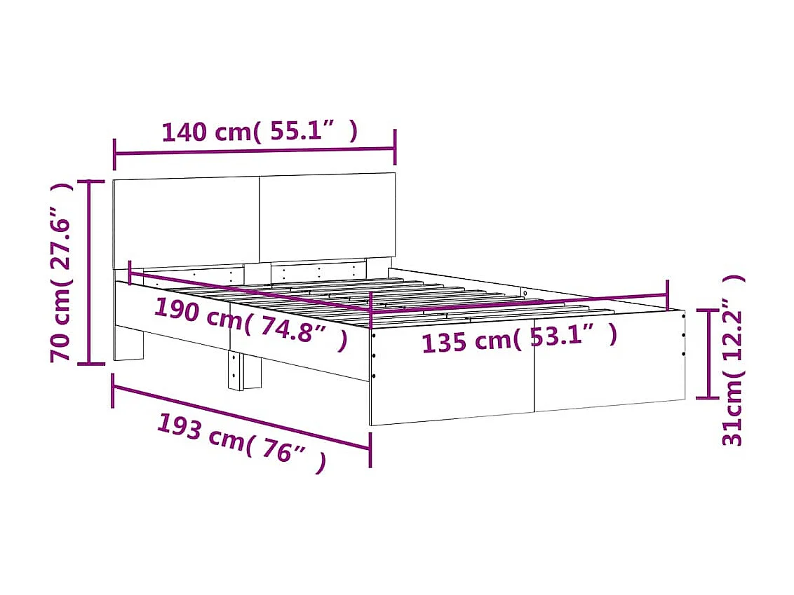 Bedframe met hoofdeinde en LED betongrijs 135x190 cm