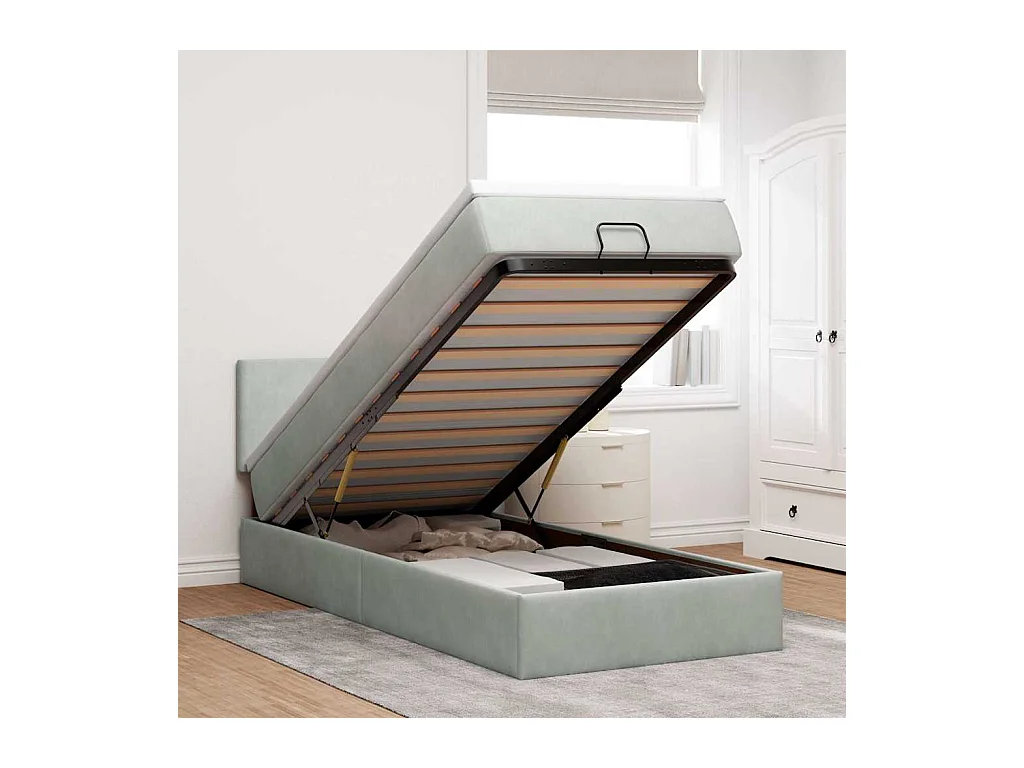 Cadre de lit ottoman avec matelas gris clair 80x200 cm velours