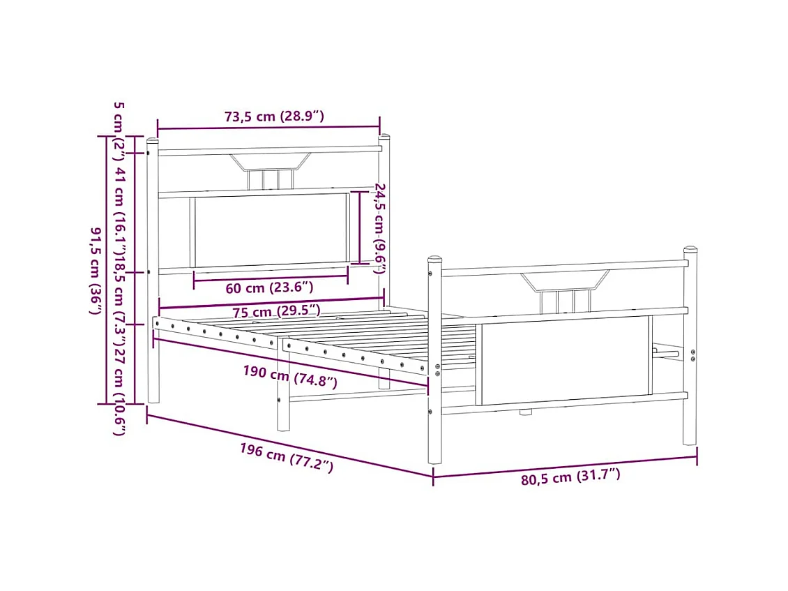 Cadre de lit sans matelas chêne sonoma 75x190 cm