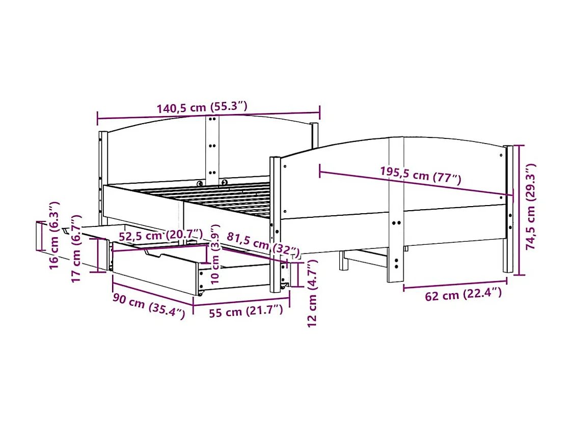 Bedframe zonder matras massief grenenhout wit 135x190 cm