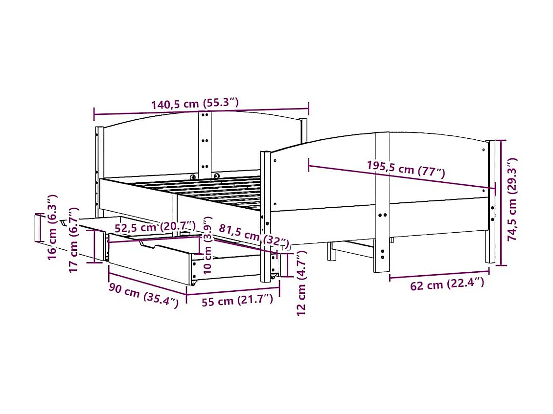 Bedframe zonder matras massief grenenhout wit 135x190 cm