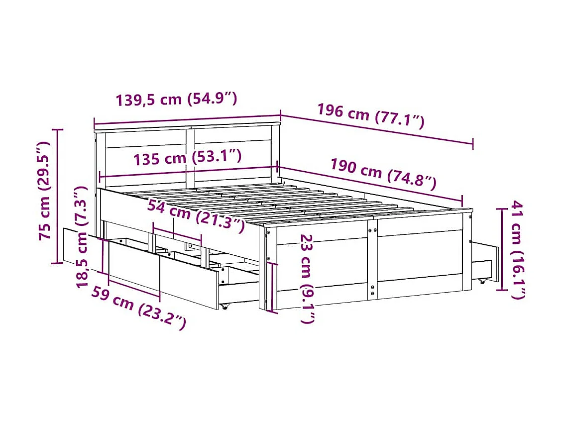 Bedframe zonder matras met hoofdbord grenenhout wit 135x190 cm