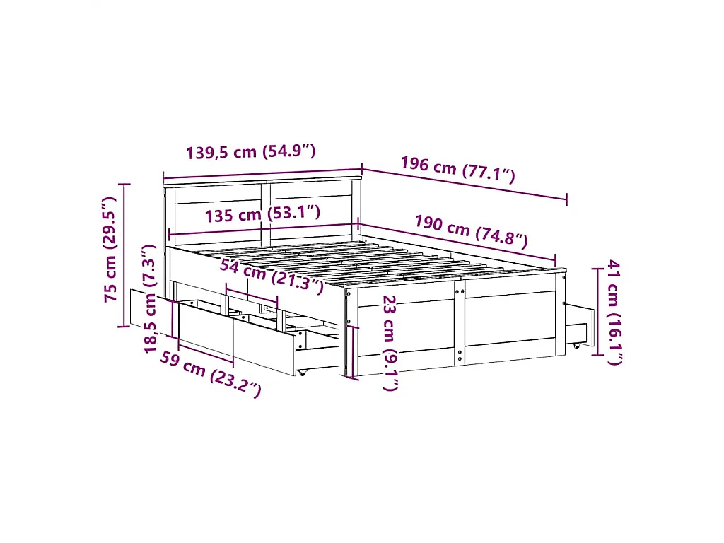 Cama con cabecero sin colchón madera maciza blanca 135x190 cm