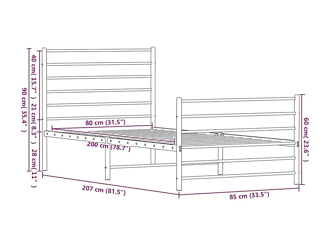 Bettgestell mit Kopf- und Fußteil Metall Schwarz 80x200 cm