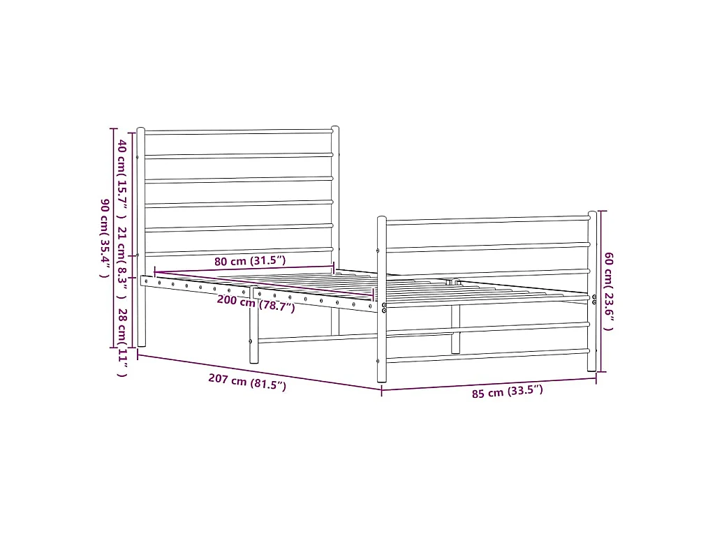 Cadre de lit métal sans matelas avec pied de lit noir 80x200 cm