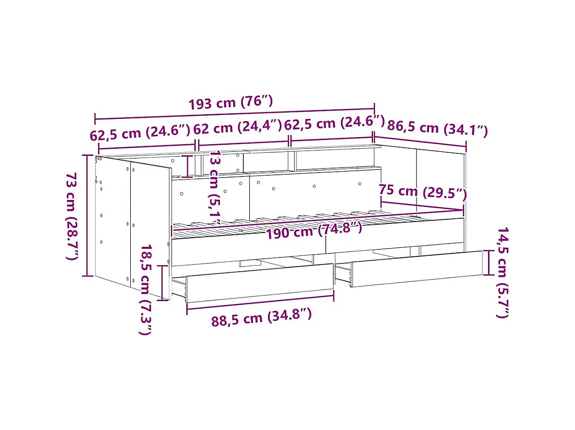 Lit d'appoint Bois Ancien 75 x 190 cm Bois d'ingénierie