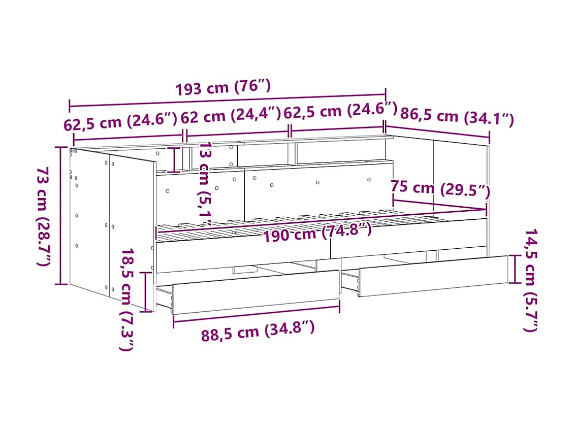 Cama de día Madera Vieja 75 x 190 cm Madera contrachapada