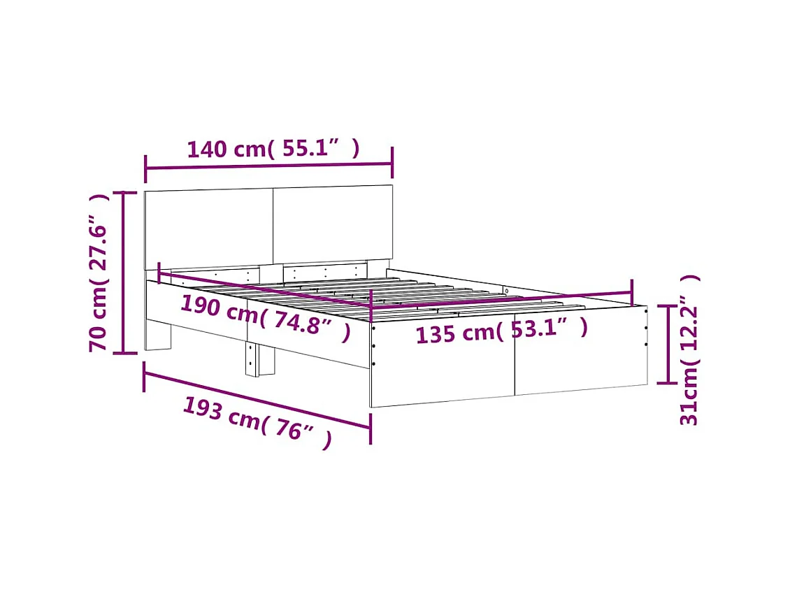 Cadre de lit avec tête de lit et LED chêne fumé 135x190 cm