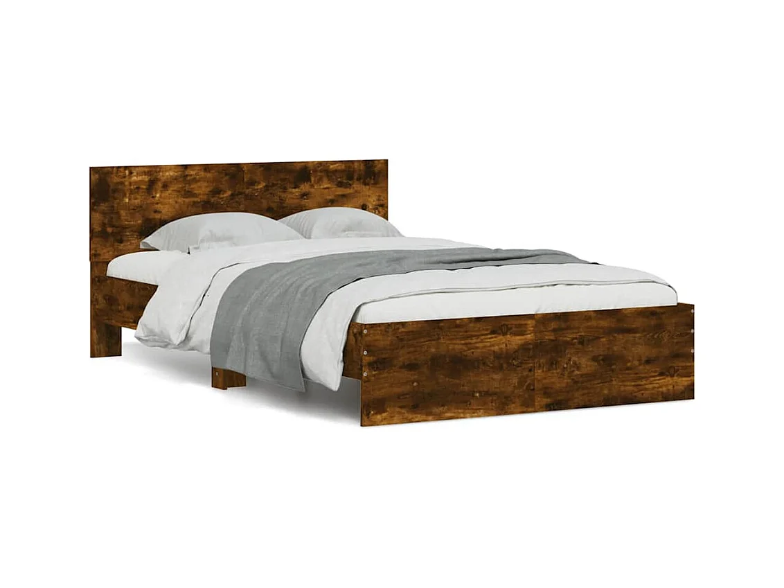 Estructura de cama cabecero y luces LED roble ahumado 135x190cm
