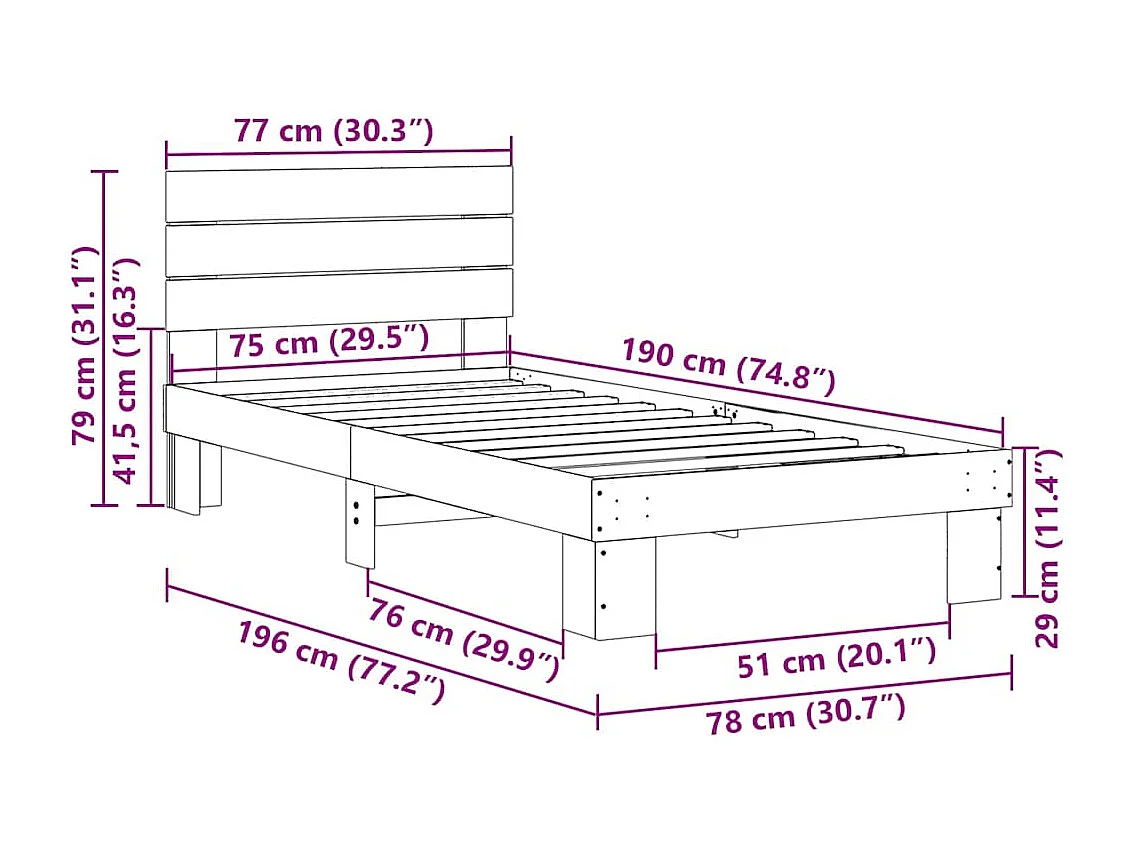 Cadre de lit avec tête de lit sans matelas 75 x 190 cm
