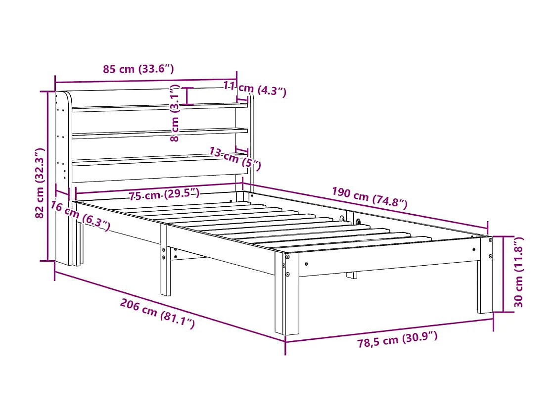Cadre de lit avec tête de lit sans matelas 75x190 cm