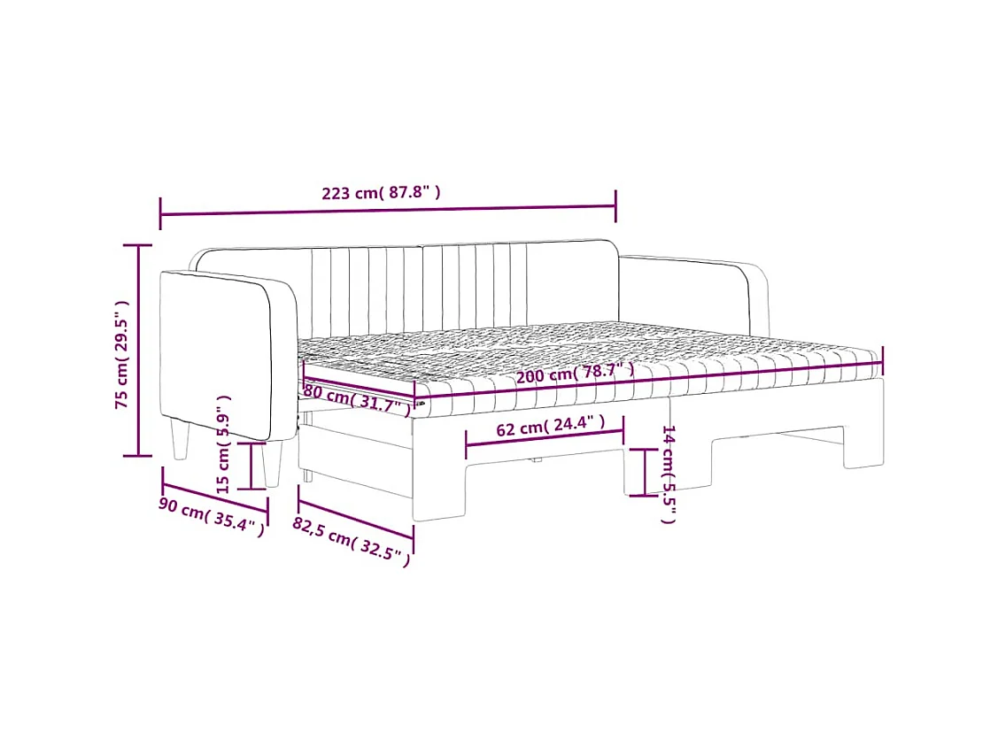 Lit de jour avec gigogne et matelas gris foncé 80x200cm velours