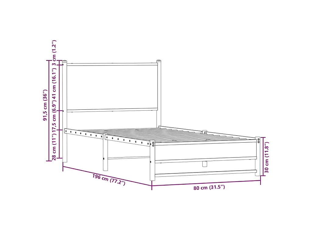 Cadre de lit en métal sans matelas chêne fumé 75x190 cm