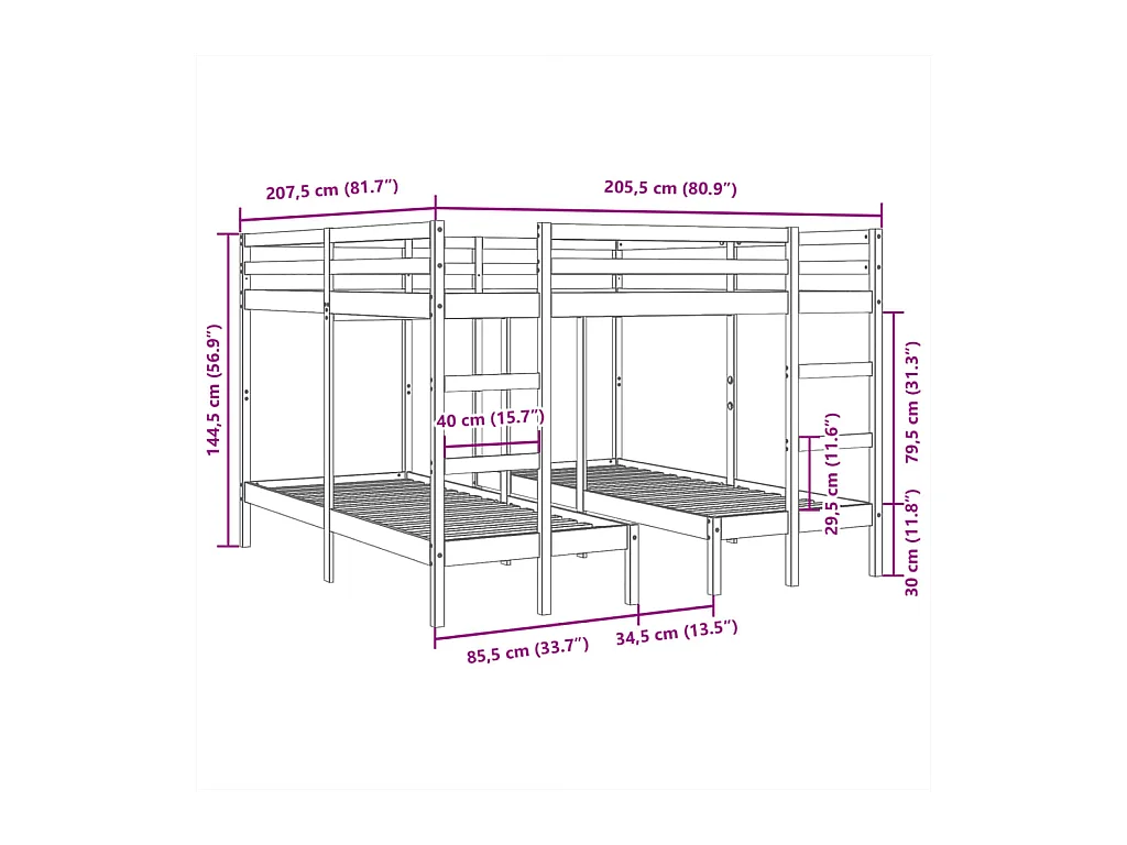 Stapelbed 3-voudig grenenhout wit 200x200/80x200 cm