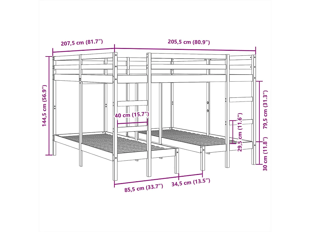 Stapelbed 3-voudig grenenhout wit 200x200/80x200 cm