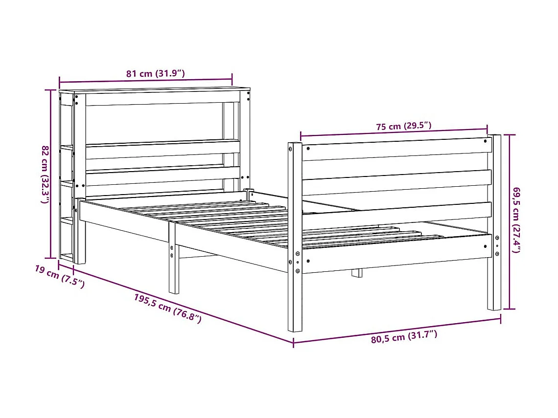 Bedframe zonder matras massief grenenhout wit 75x190 cm