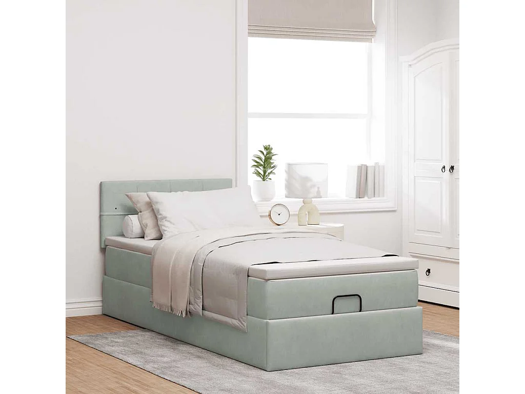 Estructura cama otomana colchón terciopelo gris claro 80x200cm