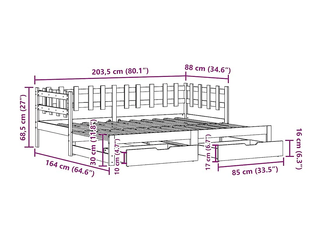 Slaapbank met onderschuifbed/lades zonder matras 80x200 cm wit