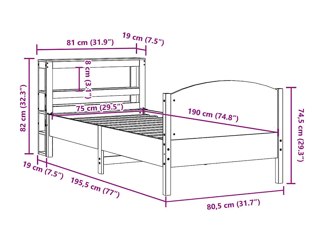Cadre de lit sans matelas blanc 75x190 cm bois de pin massif