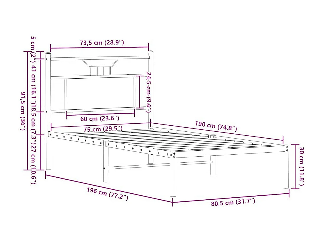 Cadre de lit sans matelas chêne fumé 75x190cm bois d'ingénierie