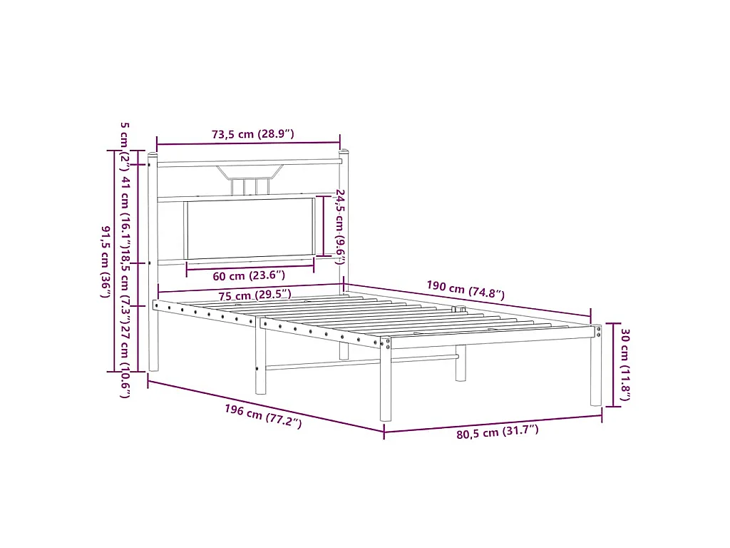 Cadre de lit sans matelas chêne fumé 75x190cm bois d'ingénierie