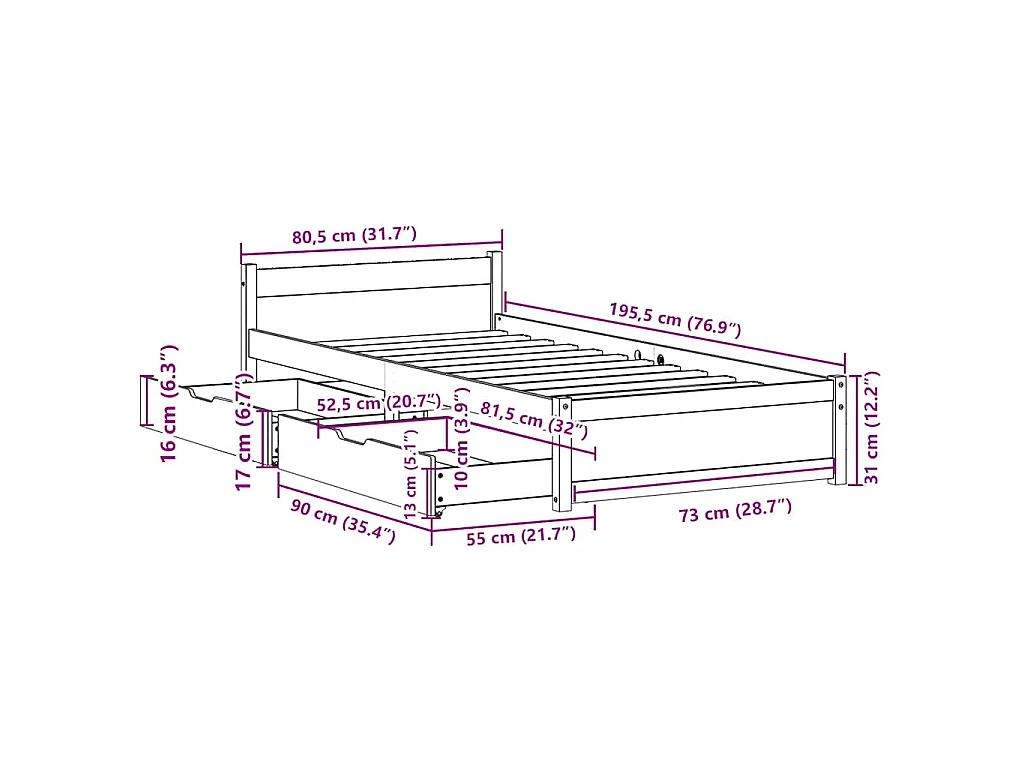Cadre de lit sans matelas 75x190 cm bois de pin massif
