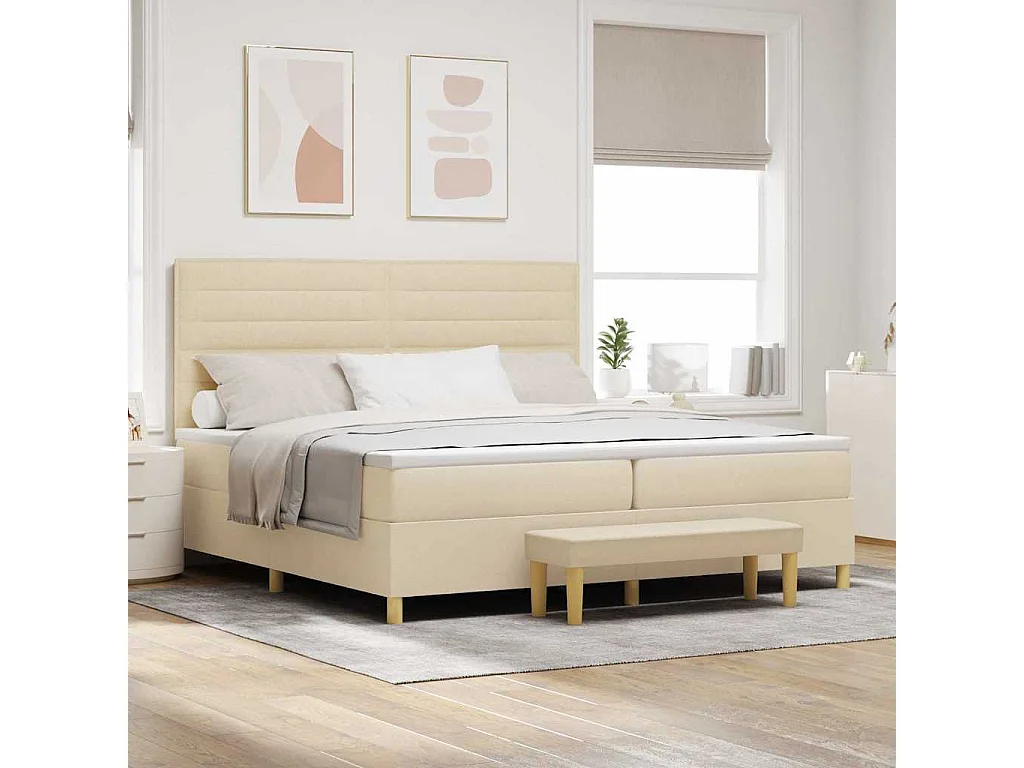 Cama Box com colchão com cabeceira Creme 200 x 200 cm tecido