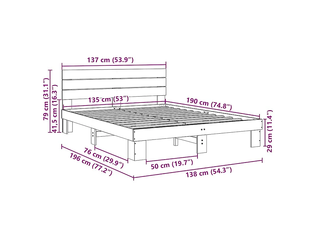 Estrutura cama cabeceira sem colchão 135x190 cm maciça carvalho