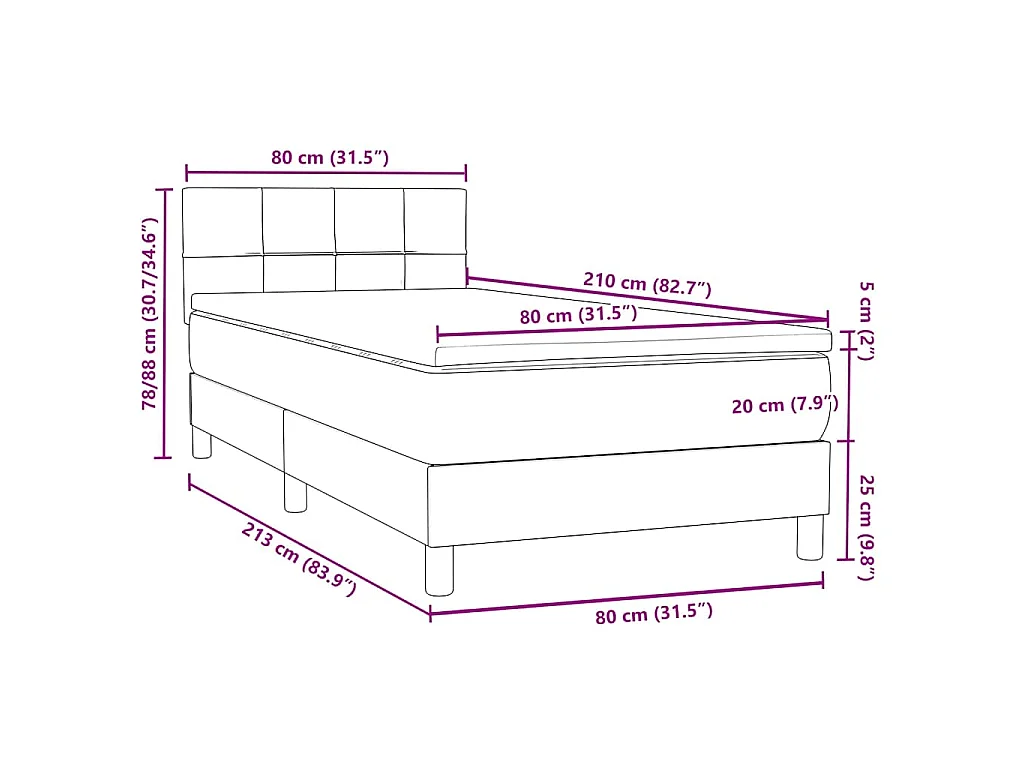 Cama box spring con colchón terciopelo gris claro 80x210 cm