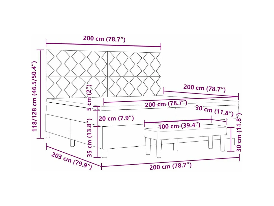Cama tipo Box Spring con colchón Gris claro 200 x 200 cm tela