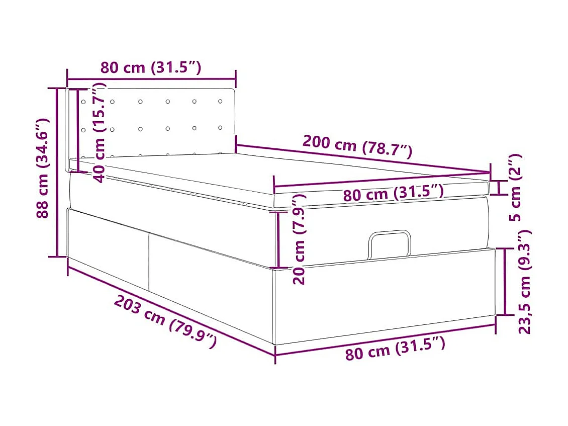 Cadre de lit ottoman avec matelas gris clair 80x200 cm tissu